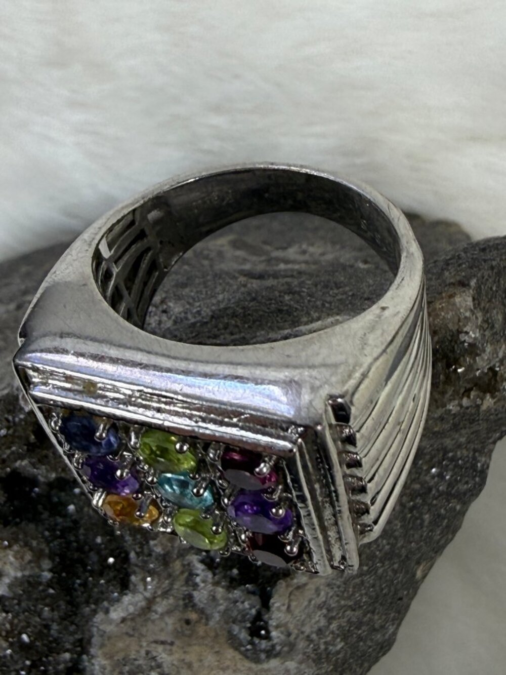 Karis Stainless Steel w/ Multi-Gemstone Silver Tone Ring Size 10.5 - Picture 2 of 12